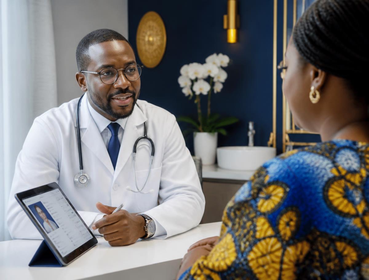 Médecin en consultation avec une patiente, dossier ouvert sur une tablette