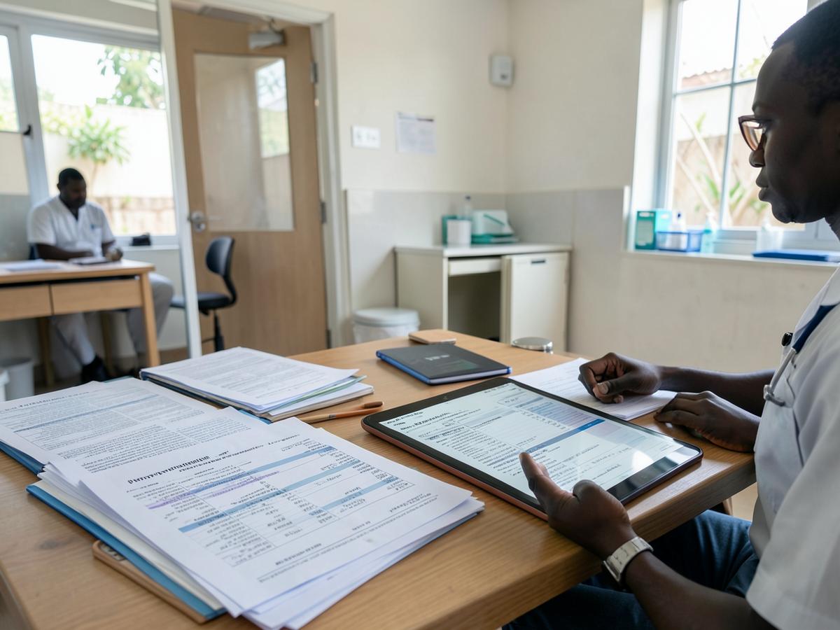 Dossiers médicaux et ordonnances empilés en désordre