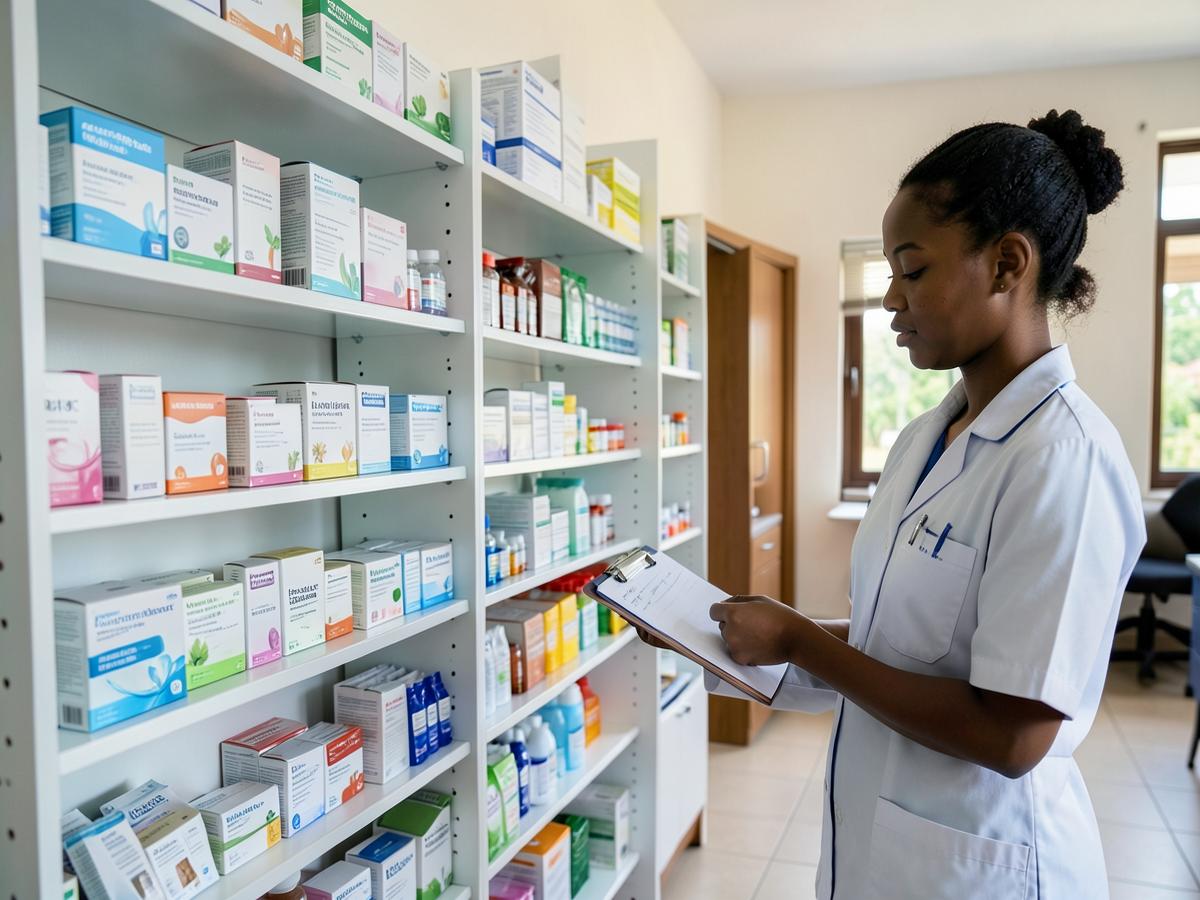 Étagère de pharmacie avec des boîtes de médicaments à recompter